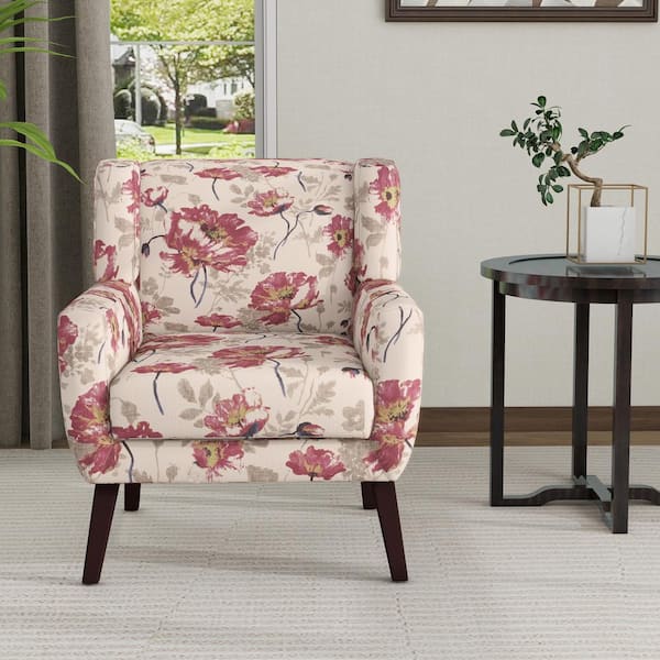 Uixe Pink Floral Pattern Linen Upholstery Arm Chair (Set of 1)