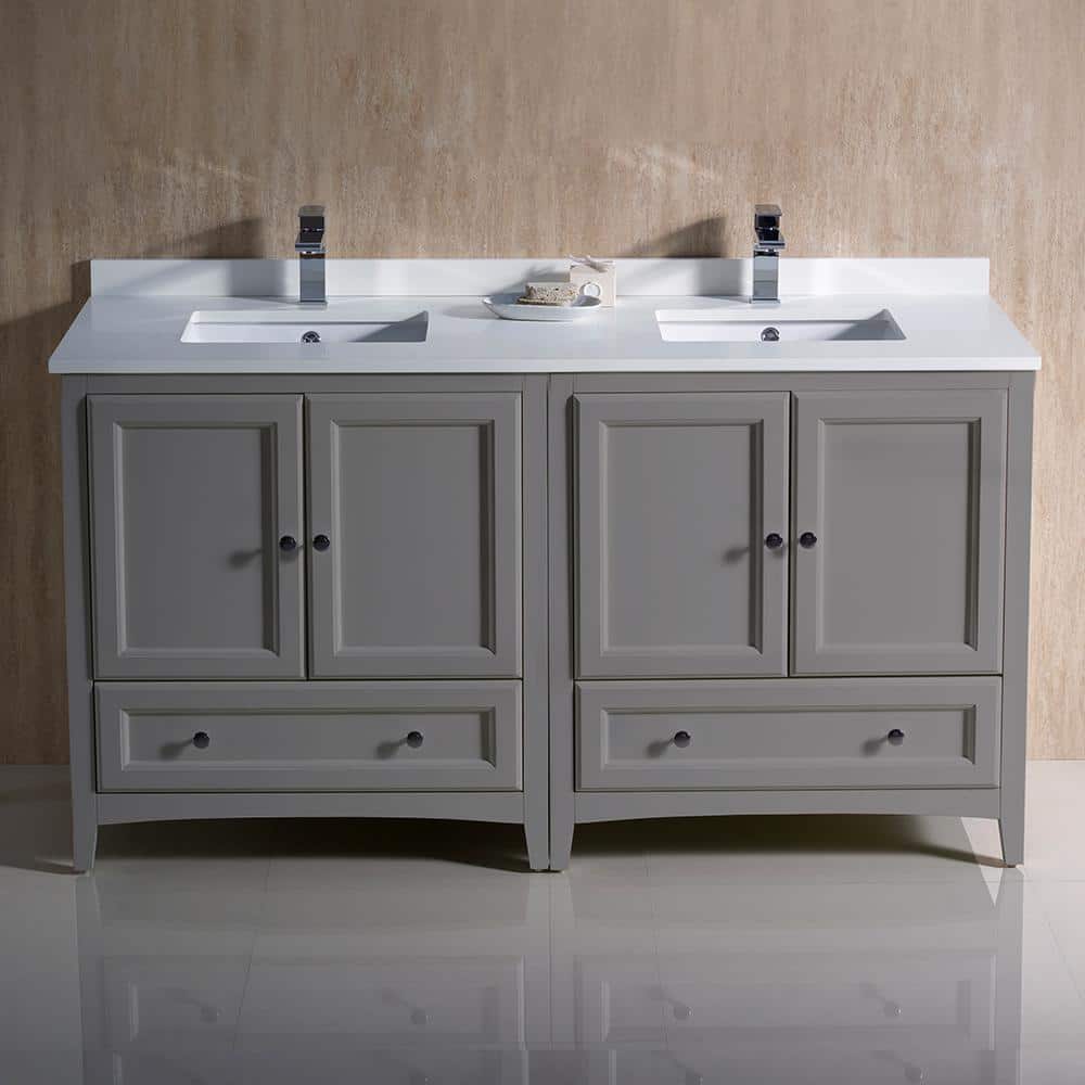Oxford 60" Gray Quartz Stone Double Sink Freestanding Vanity
