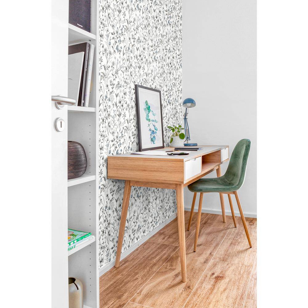 Charcoal and Bluestone Floral Peel and Stick Wallpaper