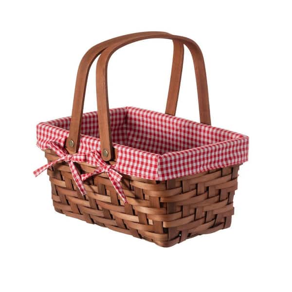 10.2 in. W x 7.7 in. D x 5.5 in. H Wooden Small Rectangular Picnic Basket Lined with Gingham Lining
