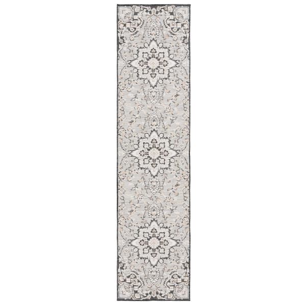 SAFAVIEH Sunrise Gray/Beige Black 2 ft. x 8 ft. Floral Medallion Reversible Indoor/Outdoor Runner Rug