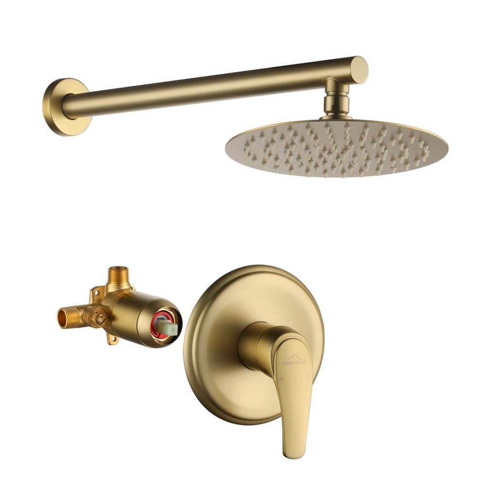 Boyel Living 1-Spray Patterns with 2.5 GPM 8 in. Wall Mount Rain Fixed Shower Head with Single Handle and Valve in Brushed Gold