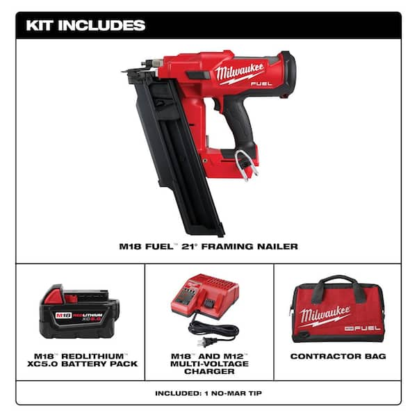 Milwaukee Tool | Milwaukee Cordless Framing Nailer: 18V, 2 to 3-1/2 Nail Length - 0.15 GA Nails, Includes 21 ° Framing Nailer & Non-Mar Tip | Part