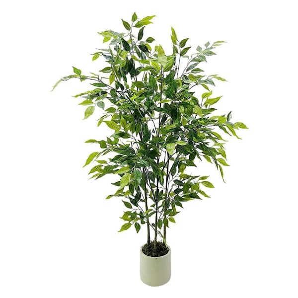 4 ft. Artificial Ficus Tree, Silk Fake Ficus Leaves Plant with White Imitation Ceramic