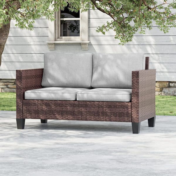 Sonkuki All-Weather Metal Frame Brown Wicker Outdoor Loveseat Patio Chaise Lounge with Linen Gray Cushions