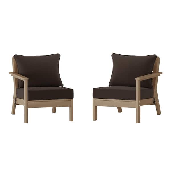 Birchwood Weathered Wood Arrangeable Outdoor Patio 2-Piece Deep Seating HDPE Loveseat Arm Chair Set with Brown Cushions
