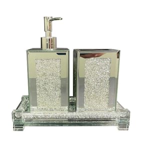 Countertop Freestanding Square Soap Dispenser and Toothbrush Holder with Tray, 3-Piece in Silver
