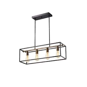 Gretel 4-Light Antique Black and Faux Wood Grain Finish Iron Rectangular Chandelier