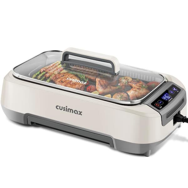 Elexnux 104 sq. in. Smokeless Indoor Grill in White with Ultra-Clear LED Smart Display, Removable Perforated Grill Plates