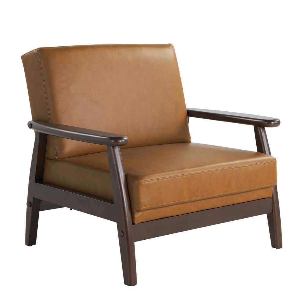 Caramel Faux Leather Barrel Accent Chair with Wood Frame