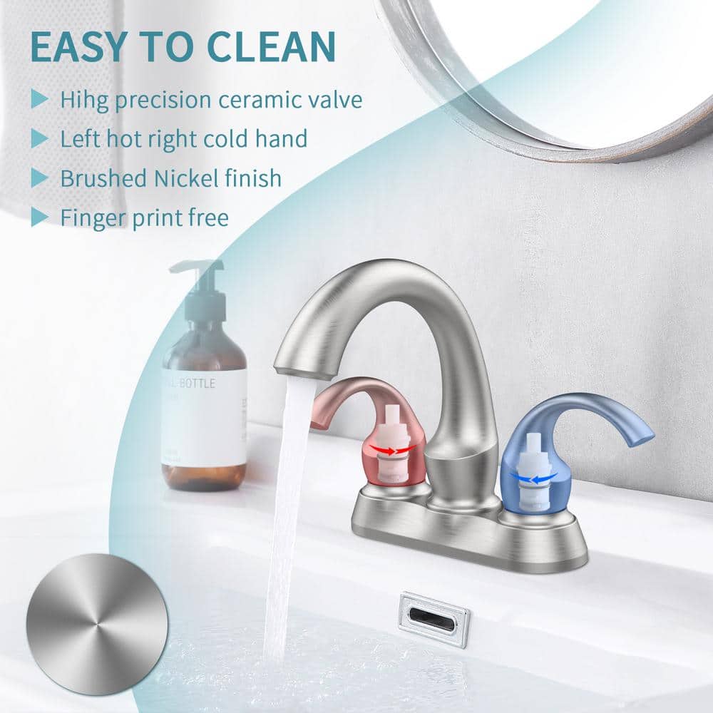 Brushed Nickel 4-Inch Centerset Double Handle Bathroom Faucet with Pop-Up Drain