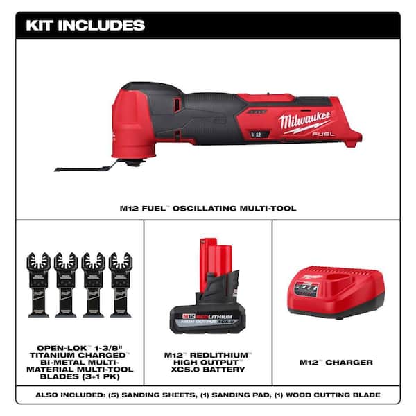 M12 FUEL 12V Oscillating Multi-Tool w/5.0Ah Battery 2-Pk Starter Kit & OMT Blade Set