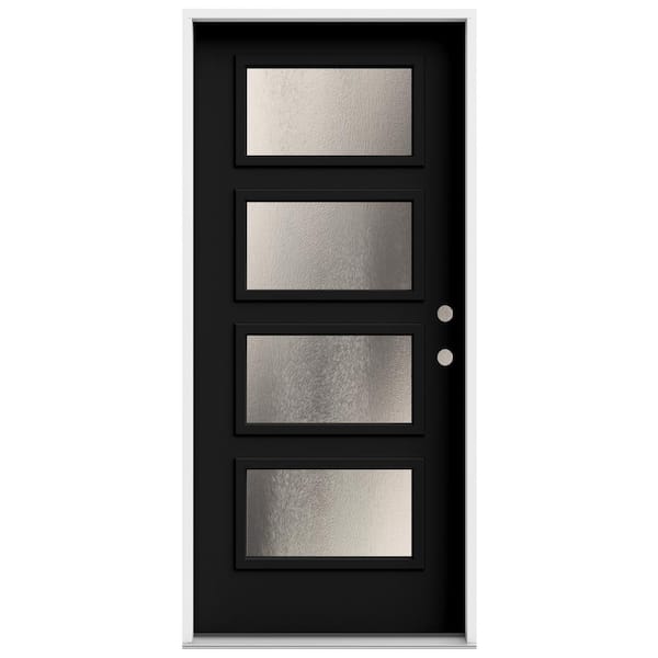 JELD-WEN 36 in. x 80 in. Left-Hand/Inswing 4 Lite Equal Chinchilla Frosted Glass Black Steel Prehung Front Door