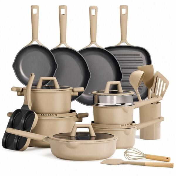 Brown 31 Piece Aluminum Nonstick Cookware Set, Granite Coated Non Toxic Induction Kitchen Pots and Pans Set