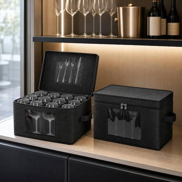 Wudkey 2 Pack Black Stemware Organizer, Wine Glass Storage Box with Dividers, Stemware Storage Container for Packing and Moving