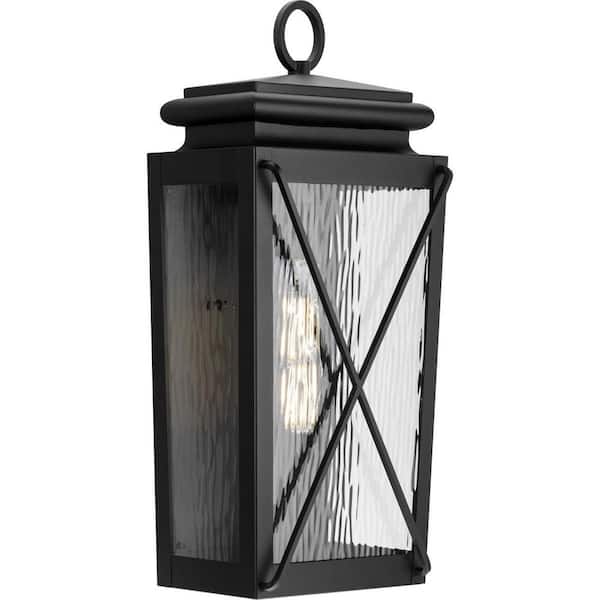 Progress Lighting Wakeford 10 in. 1-Light Textured Black Outdoor Medium Wall Lantern with Clear Water Glass Shade Sconce