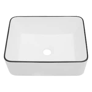 16 in. Rectangle White Ceramic Vessel Sink with Black Rim Above Counter Bathroom Sink without Faucet