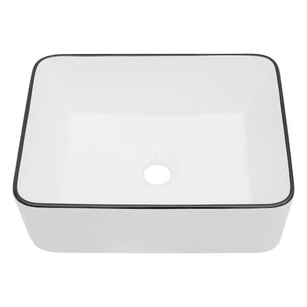 Logmey 16 in. Rectangle White Ceramic Vessel Sink with Black Rim Above Counter Bathroom Sink without Faucet