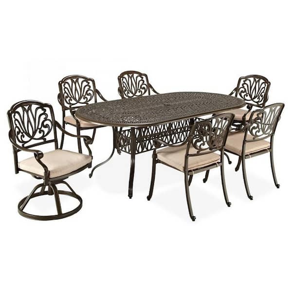 HOMESTYLES Capri Taupe Tan 7-Piece Cast Aluminum Oval Outdoor Dining Set with Natural Tan Cushions