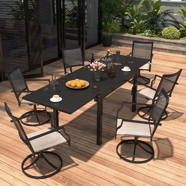 sumyeg Beige 7-Piece Metal Outdoor Patio Dining Set with Extendable Dining Table and Textilene Swivel Chairs