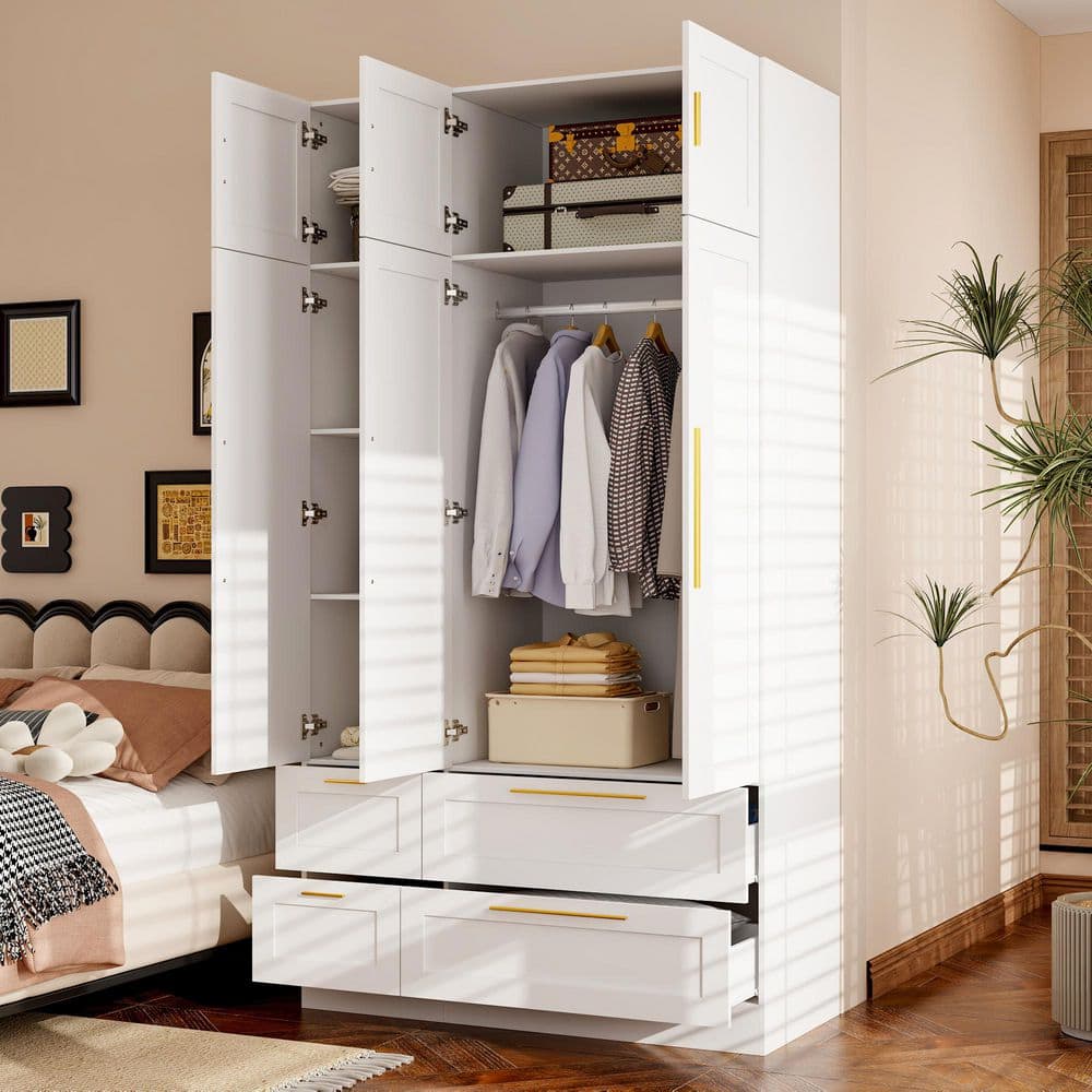 White Wood 47 in. W Armoire, Wardrobe with 4-Drawers, 6-Shelves, 1-Mirrored Door, 1-Hanging Bar and 5-Normal Doors - thumbnail 3