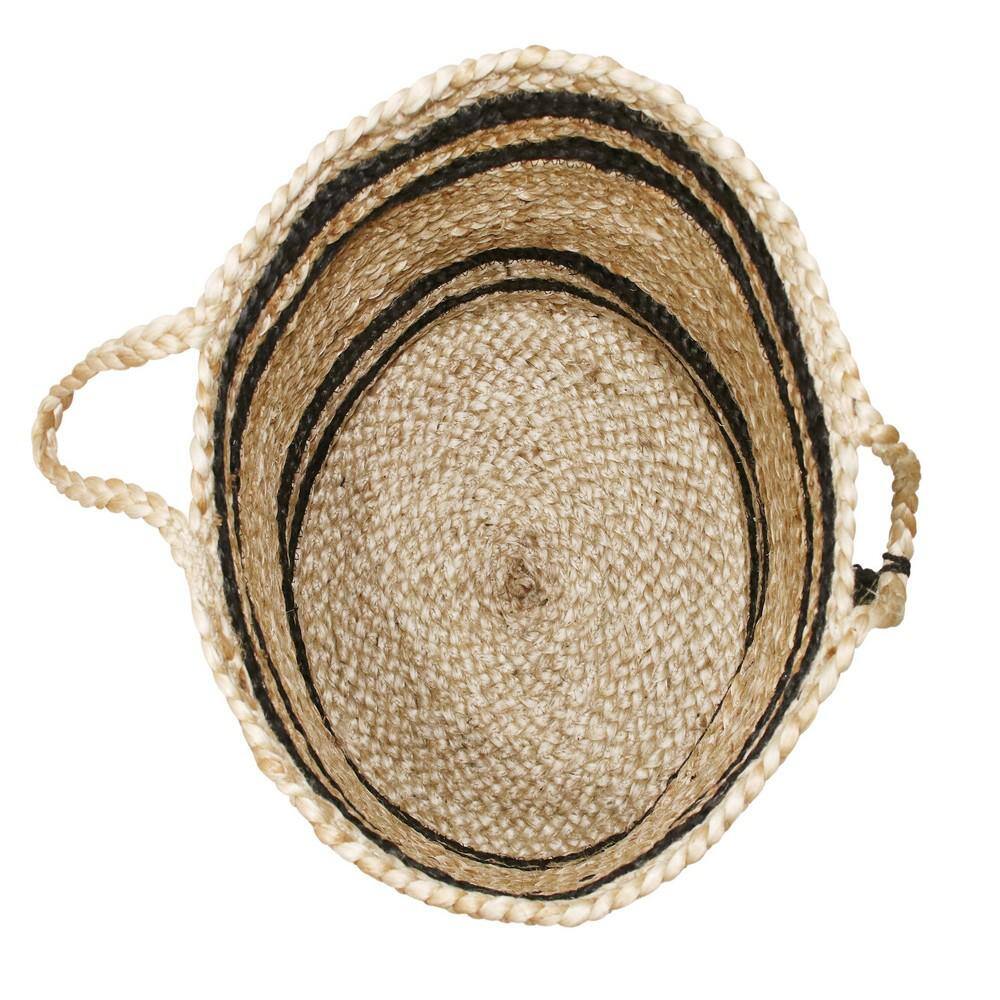 17" Natural Jute Round Storage Basket with Black Stripes