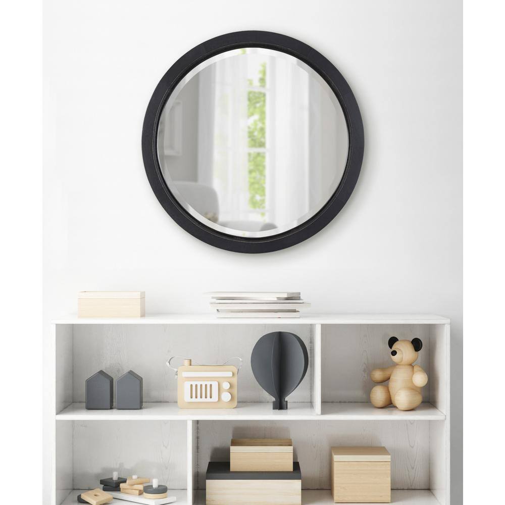 18-Inch Round Black Poplar Wood Bathroom Vanity Mirror