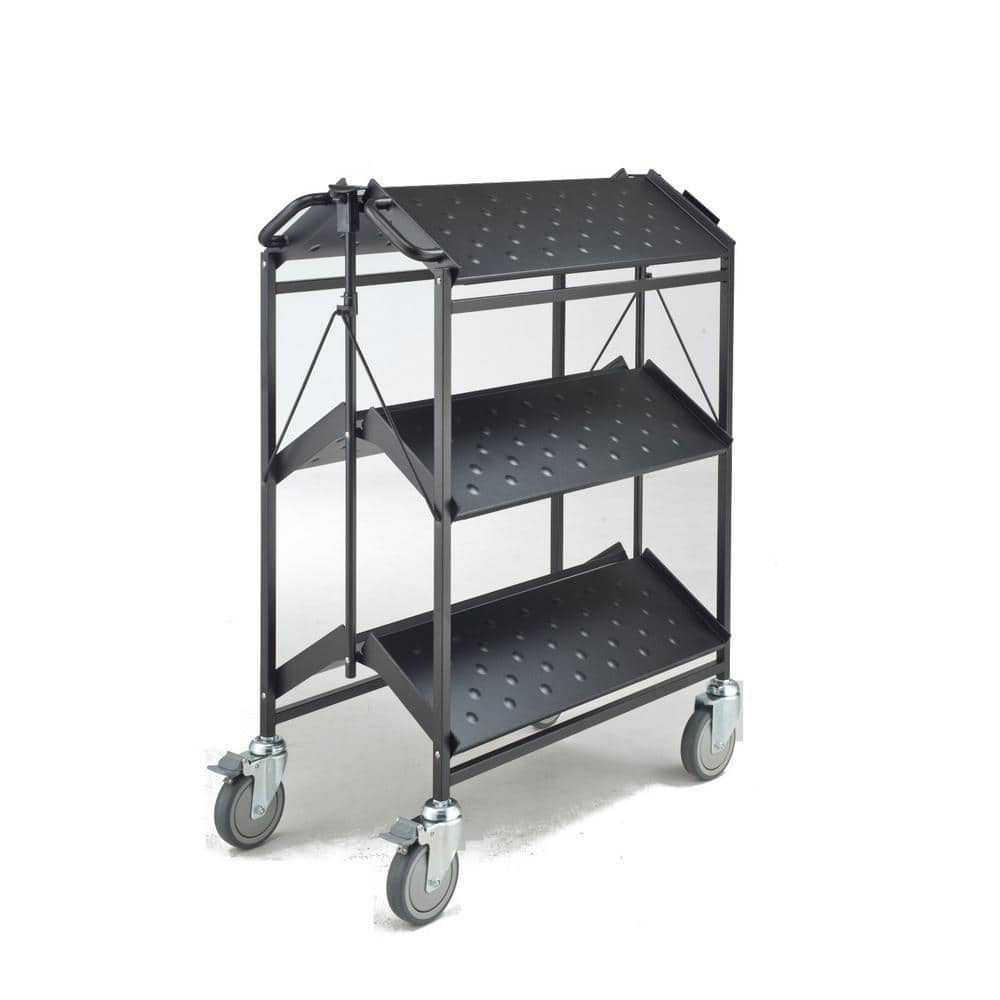 Folding Master Busing Cart, 3-Shelf Black 550 lbs. Cap with 5 in. Swivel Caster 32 in. L x 17.5 in W x 36 in. H
