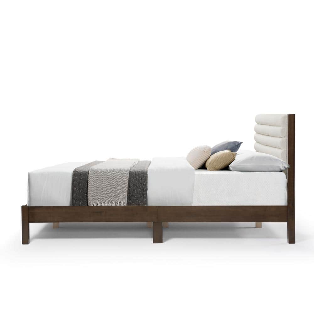 Adin Queen Dark Walnut Wood Frame Bed with White Boucle Upholstered Headboard