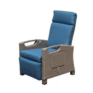 Metal and Wicker Outdoor Recliner Chair with 6.8 in. Thickness Navy Blue Cushion, Flip Table Push Back, Adjustable Angle