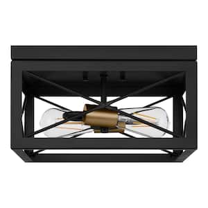 Harwood 12.5 in. 2-Light Matte Black and Old Satin Brass Flush Mount Ceiling Light with Cage Shade