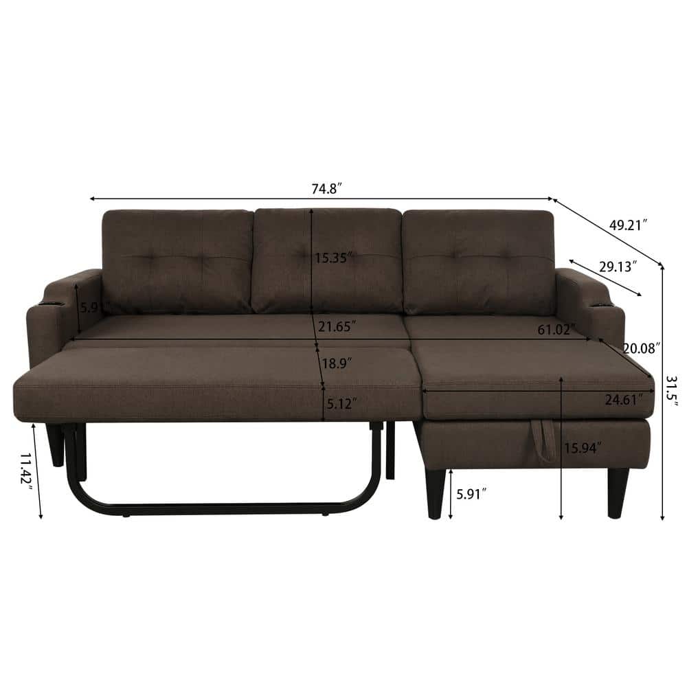 Brown Tufted Linen Fabric Sectional Sofa with Storage and Cup Holders