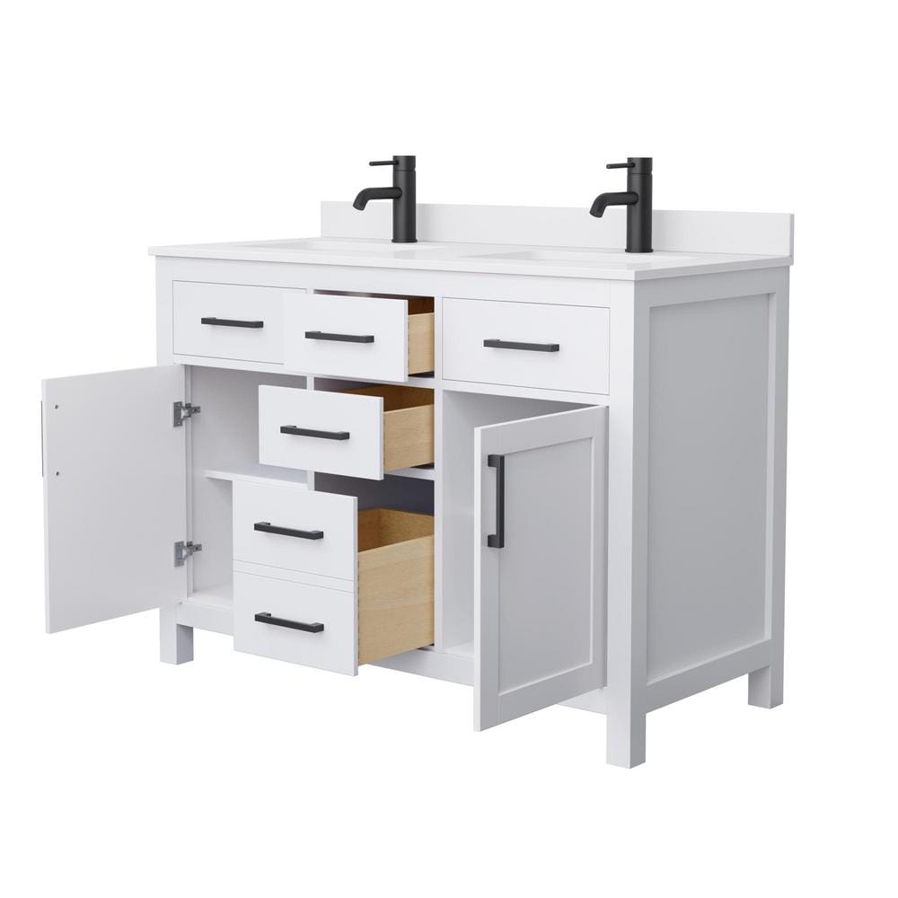 White Cultured Marble Freestanding Double Bathroom Vanity with Matte Black Hardware