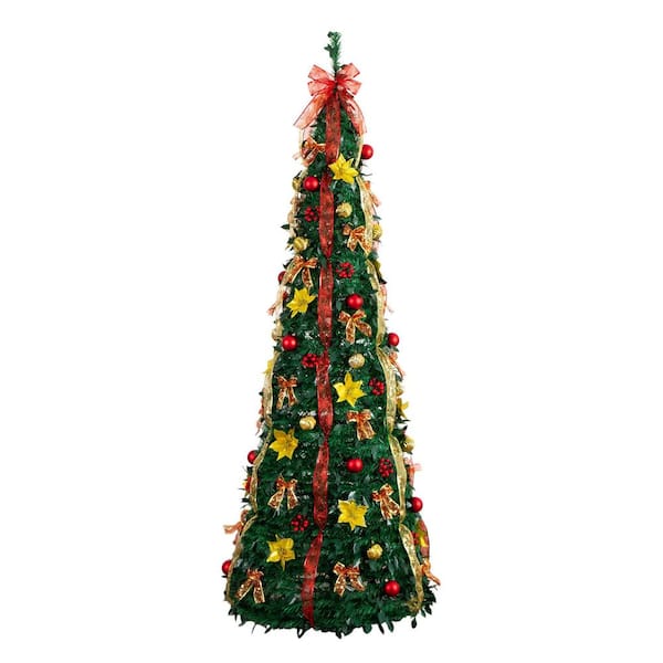 7 ft. Pre-Lit Artificial Pop up Christmas Tree with Red and Gold Ornaments, Ribbons and 180-Warm White LED Lights
