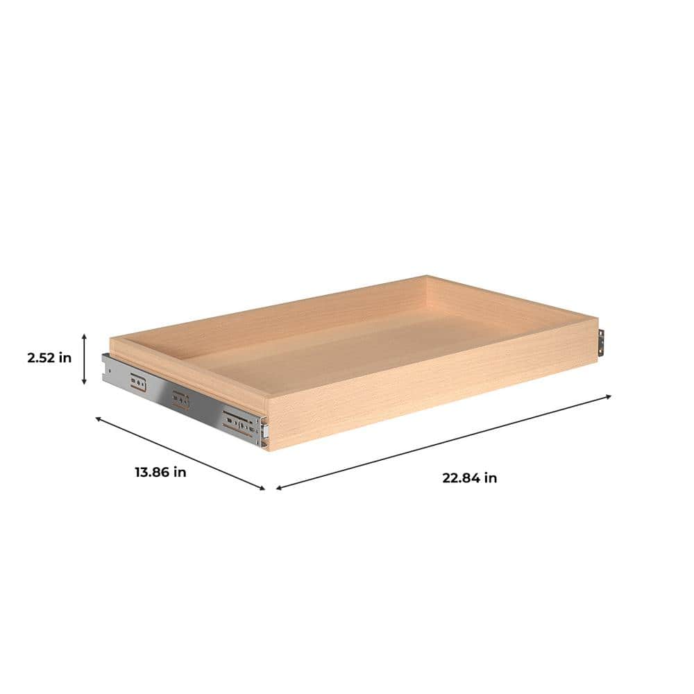 Condition photo showing As Is for 2.5 in h x 23 in. w maple wood sliding pantry drawer (2-pack)