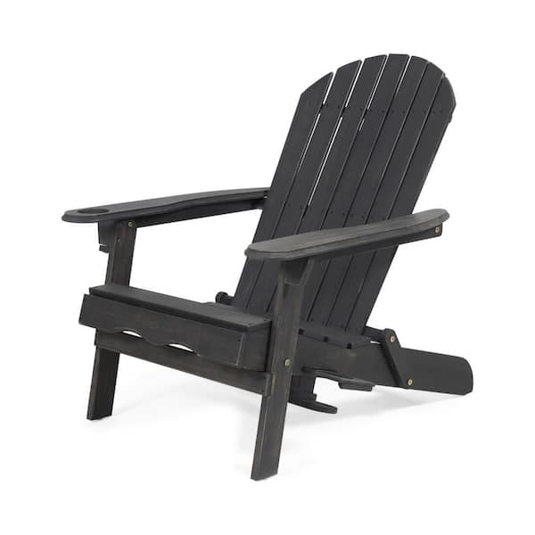 Dark Gray Wood Finish Foldable Patio Outdoor Adirondack Chair with Cupholders