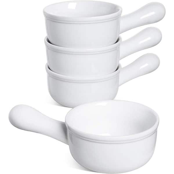 4 Piece White Ceramic Soup Bowls with Handle Set Oven Microwave Dishwasher Safe for French Onion Soup Stew