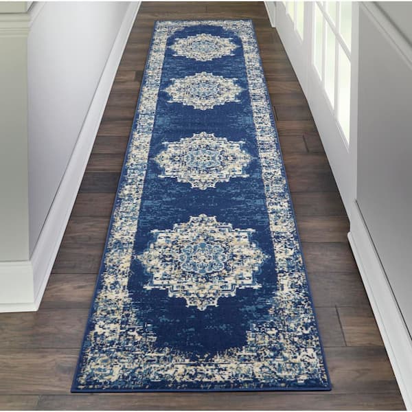 Grafix Navy Blue 2 ft. x 10 ft. Persian Medallion Transitional Kitchen Runner Area Rug