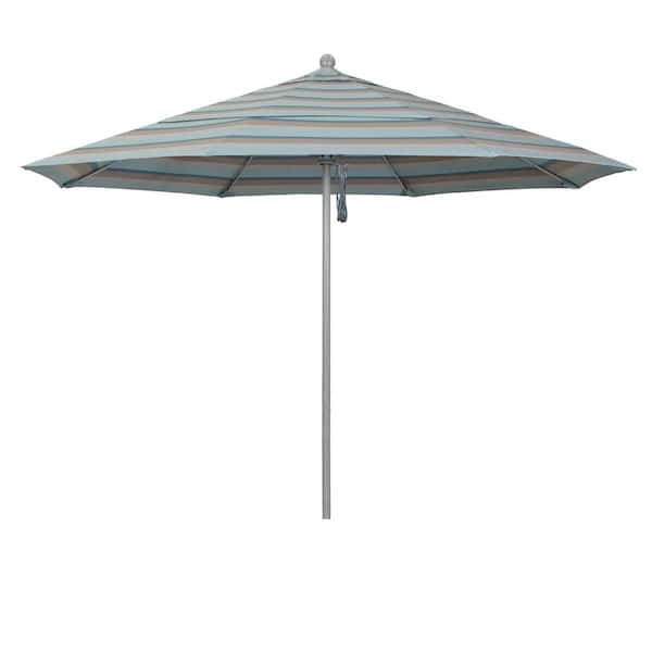 California Umbrella 11 ft. Gray Woodgrain Aluminum Commercial Market Patio Umbrella FiberglassRibs and Pulley Lift in Gateway Mist Sunbrella