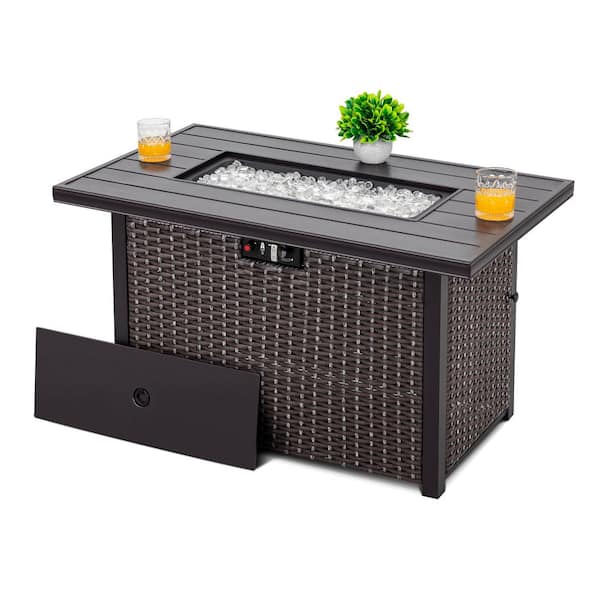 Nuu Garden 43 in. Rectangle Brown Aluminum Propane Gas Wicker Fire Pit Table 50,000 BTU with Fire Glass Stone