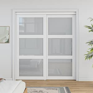 72 in. x 80 in. 3-Lite Frosted Glass White Primed MDF Interior Closet Sliding Door with Hardware