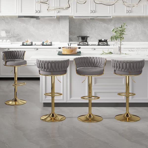 VECELO Bar Stools 30.5 in. Adjustable Metal Barstools Counter Height Stools, Velvet Kitchen Island Stools, Gray (Set of 4)