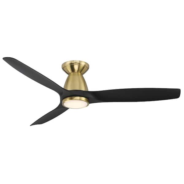 Skylark 54 in. 3-Blade Smart Indoor/Outdoor Flush Mount Ceiling Fan in Soft Brass Matte Black 3000K LED and Remote