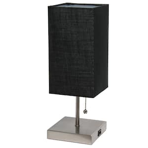 14.25 in. Brushed Nickel Petite Stick Lamp with USB Charging Port and Black Fabric Shade