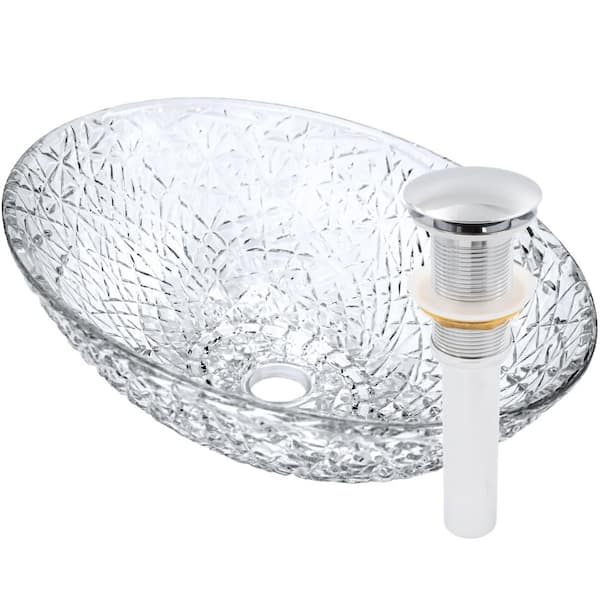 Ostrica 20 in. Vessel Bathroom Sink Diamond in Clear Crystal Glass with Drain in Chrome