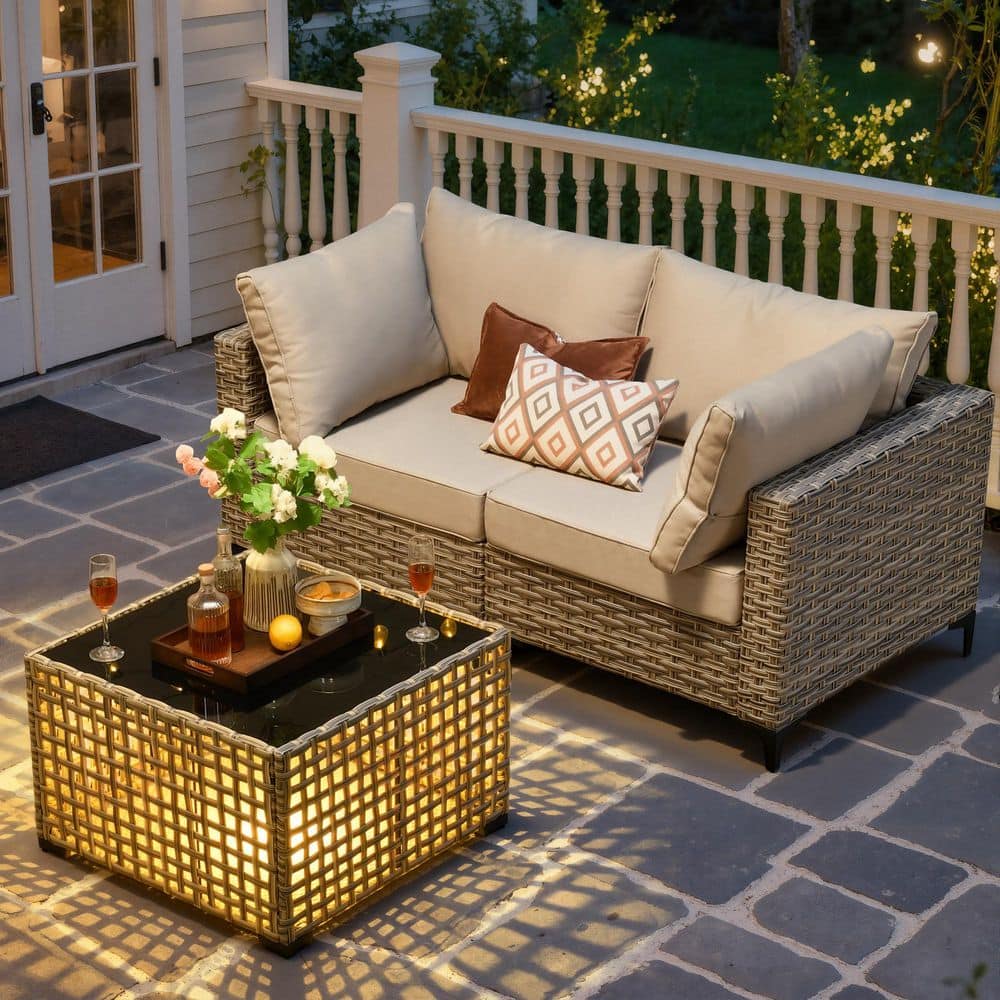 Skelta 3-Piece Wicker Outdoor Patio Conversation Set with Beige Cushions and Lighted Coffee Table