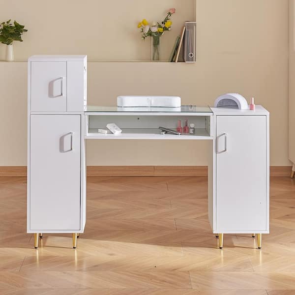 Manicure Table, 14.17 in. Rectangular, White, Particle Board, 1-Drawer,1-Desk with Door, Shelves and Glass Top