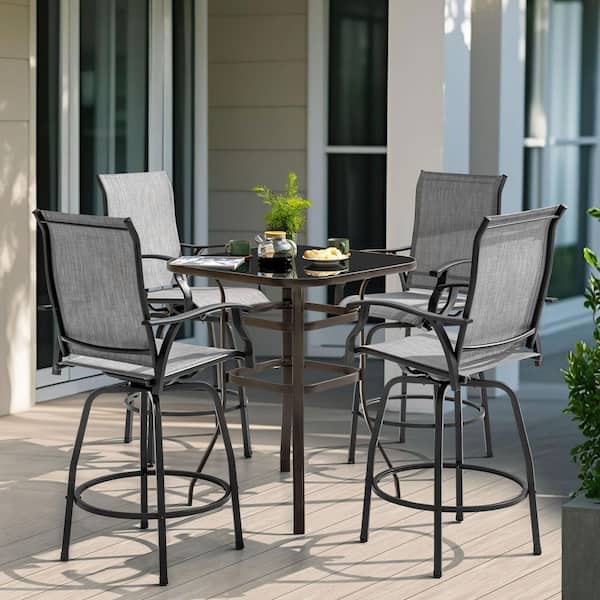 Black and Brown with Gold Speckles 5-Piece Metal and Textilene Outdoor Patio Bar Set with Swivel Bar Stools