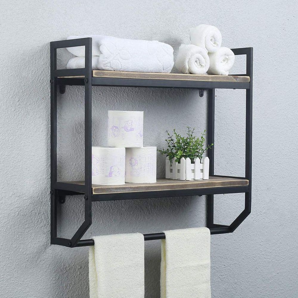 Matte Black Pine 2-Tier Floating Wall Shelf with Towel Rack