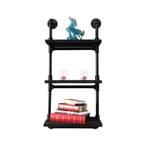 OS Home and Office Furniture Black Steel Industrial Pipe Three Tiered Hanging Wall Shelf